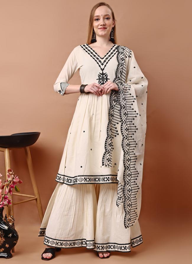 Pure Cotton Off White Festival Wear Embroidery Work Readymade Sharara Suit